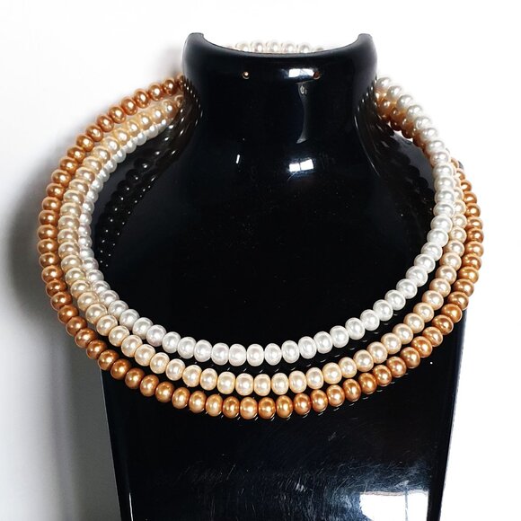 3 Strand Freshwater Pearl Choker Necklace Set White Ivory Pink 6mm Pearls - Picture 9 of 11